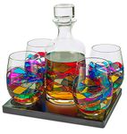 The Wine Savant Artisanal Barcelona Hand Painted Whiskey & Wine Decanter Set, Renaissance Romantic Stain-glassed Windows Glasses By - Set of 4 glasses & Decanter - Gift Idea for Her, Him, Birthday