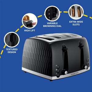 Russell Hobbs Honeycomb 4-Slice Toaster – Black, Wide Slots