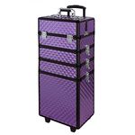 Warmiehomy 4 in 1 Aluminum Professional Makeup Trolley Vanity Case for Artists Beautician Extra Large Travel Jewellery Box Train Case w/ 2 Wheels (Diamond Purple)