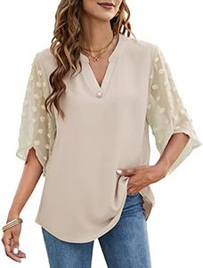 LUYAA Women's 3/4 Sleeve Tops and Blouses Dressy Casual V Neck Chiffon Blouse Tunic Tops, Apricot, Medium