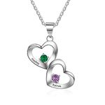 Personalised necklace with engraving silver heart necklace with 2 heart pendant and birthstones engraved necklace for women personalised jewellery for mum