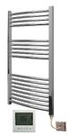 Greened House Electric Chrome 600W x 1000H Curved Towel Rail + Timer and Room Thermostat New Bathroom Towel Radiator