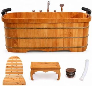 OGOLOUG Luxury Double-Person Oak Wooden Soaking Bathtub – Freestanding Indoor Home Spa Tub with Dual Headrests, 5-Piece Faucet Kit and Complete Accessory Set (wood color, 55")
