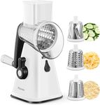 Rotary Cheese Grater, Reemix Rotary Vegetable Slicer, Rotary Kitchen Mandoline Vegetable Slicer with 3 Replaceable Stainless Steel Blades (White)