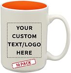 DISCOUNT PROMOS 10 Glossy Two-Tone Ceramic Mugs Set, 15 oz. - Customizable Text, Logo - Stoneware, Smooth, Durable, C-handle - Orange