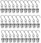 30 Pcs Heavy Duty Stainless Steel Metal Clips with Hooks, Hanging Party Lights Clips Curtain Clip for Curtain, Photos, Art Craft Home Decoration Outdoor Activities Supplies (Silver)