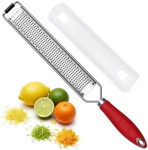 Spring Chef Stainless Steel Lemon Zester Grater with Handle - Garlic, Cheese, Parmesan, Nutmeg, Lime, Ginger Grater - Heavy Duty Kitchen Tool - Citrus Zester with Blade Cover - Fine Shred - Red