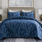 Exclusivo Mezcla Reversible Floral Quilt Set Full Queen Size, 3 Piece Soft Lightweight Flower Pattern Printed Navy Bedspreads Coverlet Bedding Set for All Seasons