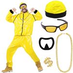 90s Rapper Celebrity Costume for Adults, 90s Fancy Dress Accessories Kit with Yellow & Black Shell Suit, Hat, Sunglasses, Black Goatee, Gold Chain and Ring Hip Hop Outfit for Halloween Stag Do Party