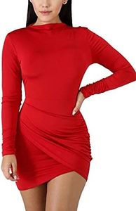 BORIFLORS Women's Sexy Wrap Front Long Sleeve Ruched Bodycon Mini Club Dress,Medium,Red