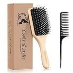 Hair Brush, Sosoon Boar Bristle Paddle Hairbrush for Long Thick Curly Wavy Dry or Damaged Hair, Reducing Hair Breakage and Frizzy No More Tangle, Giftbox & Hair Comb Included