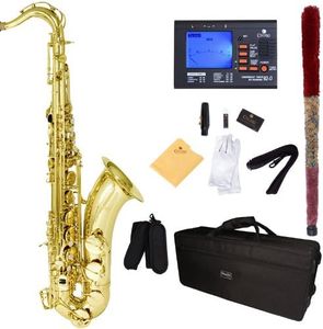 Mendini By Cecilio Tenor Saxophone - B Flat Golden Lacquer Saxophone for Beginner Musicians with Hard Case, Tuner, Mouthpiece, 10 Reeds, Polishing Cloth, Cleaning Rod, Gloves, Strap (Gold)