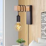 Farmhouse Plug in Wall Sconce, Black Wall Lamp for Bedroom Bedside Reading Loft Living Room Industrial Wood Wall Mounted Lights Fixture with On/Off Switch Lighting with Plug Cord(E27 Bulb Excluded)