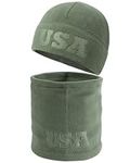 2 Pcs Warm Fleece Beanie Neck Gaiter Set, Embossing USA Army Military Winter Gear Skull Cap for Men Women, Forest Green, One size
