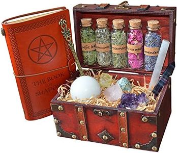 Kit de brujería - una caja vintage incluye juego de hierbas y varita de latón y juego de cristal con libro de sombras (suministros de altar Wicca)