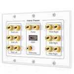 TNP Home Theater Speaker Wall Plate Outlet - 7.1 Surround Sound Audio Distribution Panel, Gold Plated Copper Banana Plug Binding Post Coupler, RCA LFE Jack for Subwoofer, HDMI 4K ARC Full HD (3-Gang)