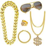 5pcs Hip Hop Costume, 80s/90s Hip Hop Fancy Dress Accessories for Kids Adult, Fake Gold Chain Bracelet, Fake Dollar Sign Necklace, Hip Hop Ring, Hippie Glasses for Hippie Rapper Disco Outfit