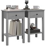 HOMCOM Side Table Set of 2, End Tables with Drawer and Bottom Shelf, 2-Tier Nightstand for Bedroom, Living Room, Grey