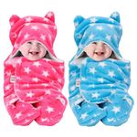 BeyBee Baby Combos Blankets for New Born Babies |Super Soft Baby Wrapper Baby Sleeping Bag for Baby Boys, Baby Girls, Babies (72cm x 68cm, 0-6 Months, Fleece, Skin Friendly, Pink + Blue)-Pack of 2