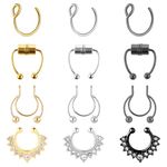 Yolev 12Pcs Fake Nose Rings for Women Non-Piercing Fake Nose Rings for Women Fake Nose Piercing Fake Septum Ring Fake Septum Piercing Faux Nose Rings Fake Lip Ring Fake Helix Earring