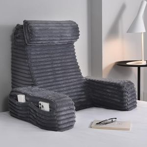 Reading Pillow for Sitting in Bed, Back Pillow for Bed Sitting with Neck Roll&Higher Support Arm&Large Pockets, High Resilience Foam, Machine Washable, Couch or Floor-Backrest for Relaxing Games Read