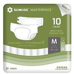 SUNKISS MASTERPIECE Adult Diapers with Ultimate Absorbency, Unisex Disposable Incontinence Briefs with Tabs for Women and Men, Odor Control, Overnight Protection, White, Medium, 10 Count