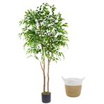 Warmplants Artificial Ficus Tree, 6ft Tall Fake Ficus Tree with Basket, Faux Plant for Indoor Outdoor Home Livingroom Office Garden Porch Décor