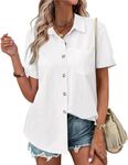 Zeagoo White Linen Shirt Women Button Up Short Sleeve Work Tops Cotton Linen Dressy Casual Blouses