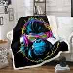 Gorillas Music Blanket, Boys Man Wild Animals with Headset Sunglasses Throw Blanket,Hippie Hip Hop Style Fleece Blanket for Kids Youth Child,Breathable Wildlife Big Monkey Bed Sherpa Blanket 40"x50"