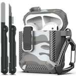 RFUNGUANGO for AirPods 2nd Generation Case Cover with Cleaner Kit, Military Hard Shell Protective Armor with Lock for AirPod Gen 1&2 Charging Case, Front LED Visible,Grey Camouflage