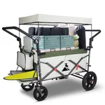 TOPWELL Folding Handcart Trolley, Folding Camping Wagon with Canopy & 2 Folable Seats, Collapsible Beach Cart Foldable for Outdoor Garden Picnic Shopping 265LBS Capacity (Beige/Green)