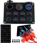 8 Gang Rocker Switch Multi-Functions Panel - 12/24V Toggle Rocker Panel Waterproof with Digital Voltmeter, 4.2A Dual USB Charger, Cigarette Lighter Socket for RV Car Boat Vehicles Truck Trailer (Blue)