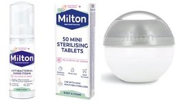 Milton Mini Soother Dummy Grey Travel Steriliser, 50 Mini Sterilising Tablets & 50 ml Hand Sanitiser. Out & About Bundle