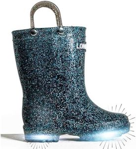 LONECONE Glitter Waterproof Light-Up Toddler Rain Boots with Easy Pull on Handles - Comfortable Shiny Kids Rain Boots for Boys and Girls - Fun & Safe Outdoor Play for All Seasons, Glitter Black, 8