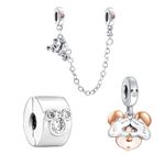 Doyafer Cute cartoon mouse 925 Sterling Silver Clip Beads Charms And Chain Safety Fit Women Necklace Bracelet 3 Piece/Pack