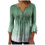 Women's Long Sleeve T Shirts Elegant Summer Boho Floral Henley Tops Button Up V Neck Tunic Pleated Blouses Loose Fit Pullover Tops 3/4 Sleeve Tees for Spring Autumn