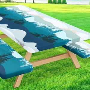 Moosfor Printed Spandex 8 Foot Fitted Picnic Table Cover with Bench Covers