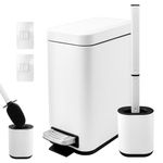 5L/1.3 Gal Slim Trash Can and Toilet Brush Set, Stainless Steel Step Pedal Trash Bin with Lid, Rectangular Garbage Bin with Removable Wastebasket for Bathroom, Toilet (White)