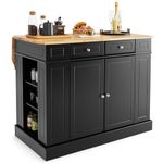 TANGZON Large Kitchen Island, Kitchen Sideboard with Extendable Rubber Wood Worktop, Drawers, Adjustable Shelves & Side Racks, Living Dining Room Cabinet Cupboard (Black Body)