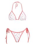 VOLAFA Women's Triangle Bikini Set String Swimsuit Print Tie Smocked Ruched Two Piece Bathing Suit, Strawberry White, 6