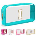 Mini Clear Personalized Initial Makeup Bag, Nylon Preppy A-Z Chenille Letter Patch Zipper Cosmetic Bag, Small Cute Pouch Travel Coin Purse Toiletry Bag, Small-Cyan, I