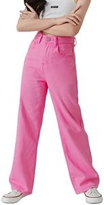 WDIRARA Girl's High Waist Marble Print Button Straight Leg Jeans Denim Pants Pink Plain 140