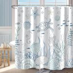 Nautical Coastal Turtle Shower Curtain, Coral Starfish Seashell Ocean Themed Bathroom Curtain, Underwater Seahorse Bathroom Decor Blue 72 x 72 inch