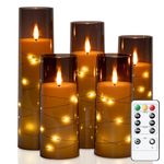 Homemory Flickering Flameless Candles with String Lights, Battery Operated Candles with Remote Control and Timer, Embedded Fairy Lights LED Candles, Acrylic, Home Decoration, Grey, Set of 5