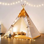 besrey Teepee Tent for Kids with Padded Mat and Lights,Kids Tents Indoor Playhouse,Tipi Tent 100% Cotton, White Tp Tent for Toddler Boys Girls, Foldable Portable Toddler Reading Tent (yellow)