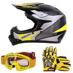 Zorax ZOR-X19 Yellow L (53-54cm) PREDATOR Kids Motocross Motorbike MX Helmet ECE2206 & Gloves L (7cm) & Goggles