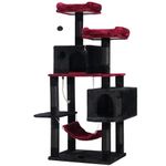 Hey-brother Large Multi-Level Cat Tree Condo Furniture with Sisal-Covered Scratching Posts, 2 Bigger Plush Condos, Perch Hammock for Kittens, Cats and Pets, Black and Red MPJ020BR