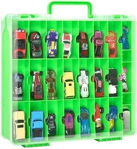 Double Sided Toy Storage Organizer Case for Hot Wheels Car, for Matchbox Cars, for Mini Toys, for Small Dolls. Carrying Box Container Carrier with 48 Compartments - Green(Box Only)