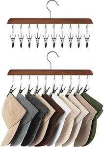 StorageWorks Hat Organizer, Hat Storage for Closet, Hat Racks for Baseball Caps, Set of 2 Cap Organizer with 10 Adjustable Stainless Steel Clips, Fits All Caps, Natural Walnut Color