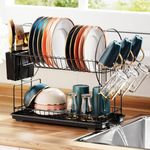 iSPECLE Dish Drying Rack - 2 Tier Small Dish Racks for Kitchen Counter with Drainboard, Utensil Holder and Glass Holder, Small Dish Dryer Rack, Multifunctional Dish Drainer, Black